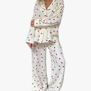 Amazon Women's Cream Pajama Set with Red Hearts